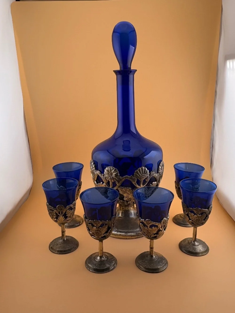 Vintage Cobalt Blue Glass Decanter & 6 Cordial Glasses Set Silver Plate Filagree